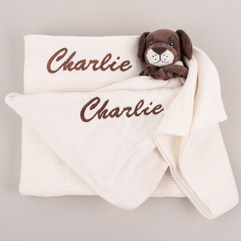 Personalised White Knitted Blanket & Puppy Comforter Baby Gift Box embroidered with the name Charlie