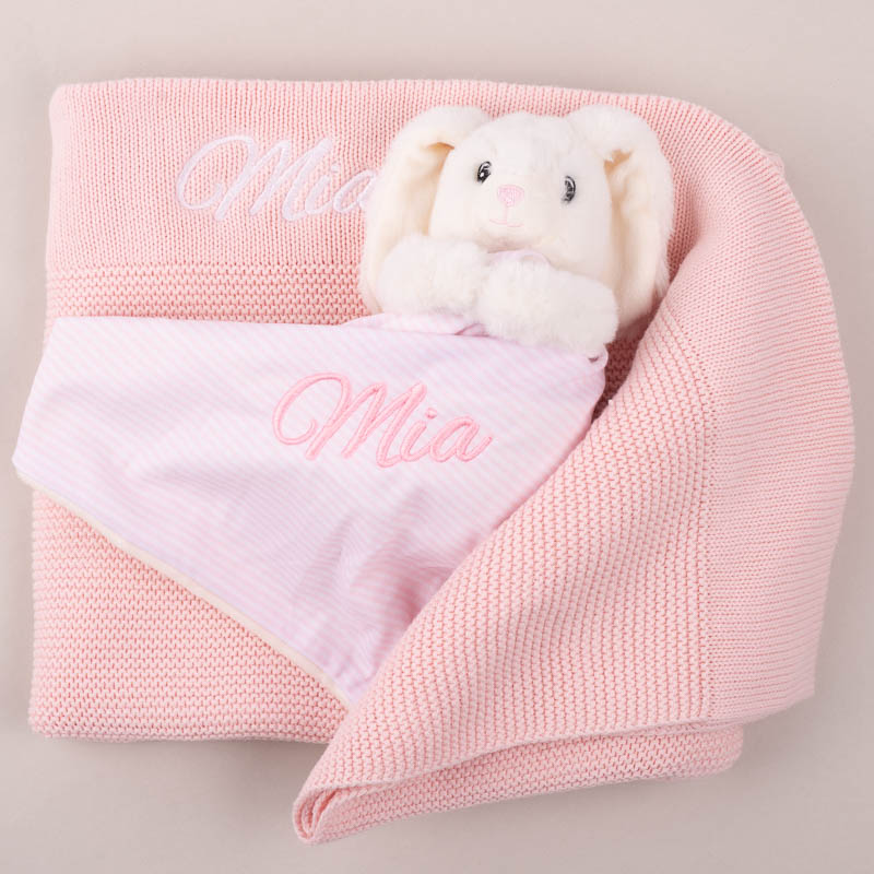Personalised Newborn Baby Gift Pink Knitted Blanket & Bunny