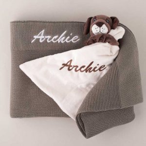 Olive Green Knitted Blanket & Puppy Comforter Baby Gift Box name Archie.