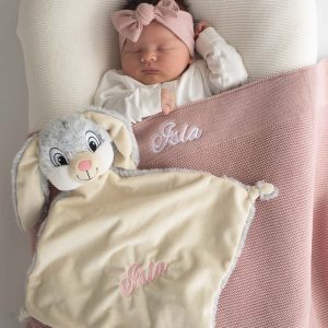 Personalised Baby Girl Gift including, bunny comforter, blanket & a sleeping baby.