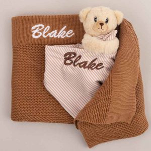 Personalised Bear Baby Comforter and Brown Knitted Blanket both with the name Blake.