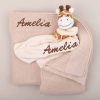Personalised Beige Baby Gift Knitted Blanket and Giraffe Comforter embroidered with girls name Amelia.