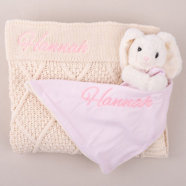 Personalised Cream Diamond Knitted Blanket & Pink Bunny Baby Gift Box Embroidered with Hannah.