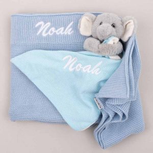 Personalised Blue Baby Gift Knitted Blanket & Elephant embroidered with Noah.