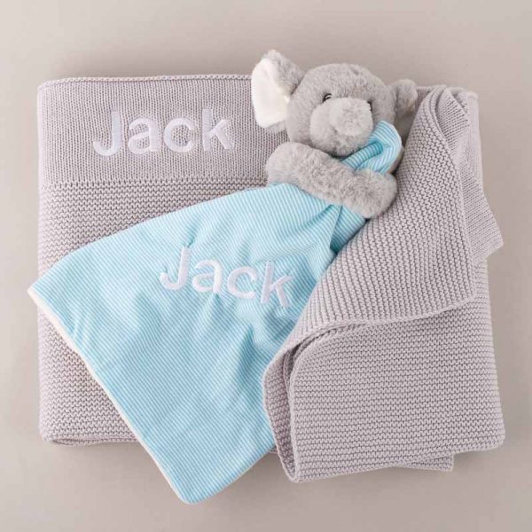 Personalised Light Grey Knitted Blanket & Elephant Comforter Baby Gift