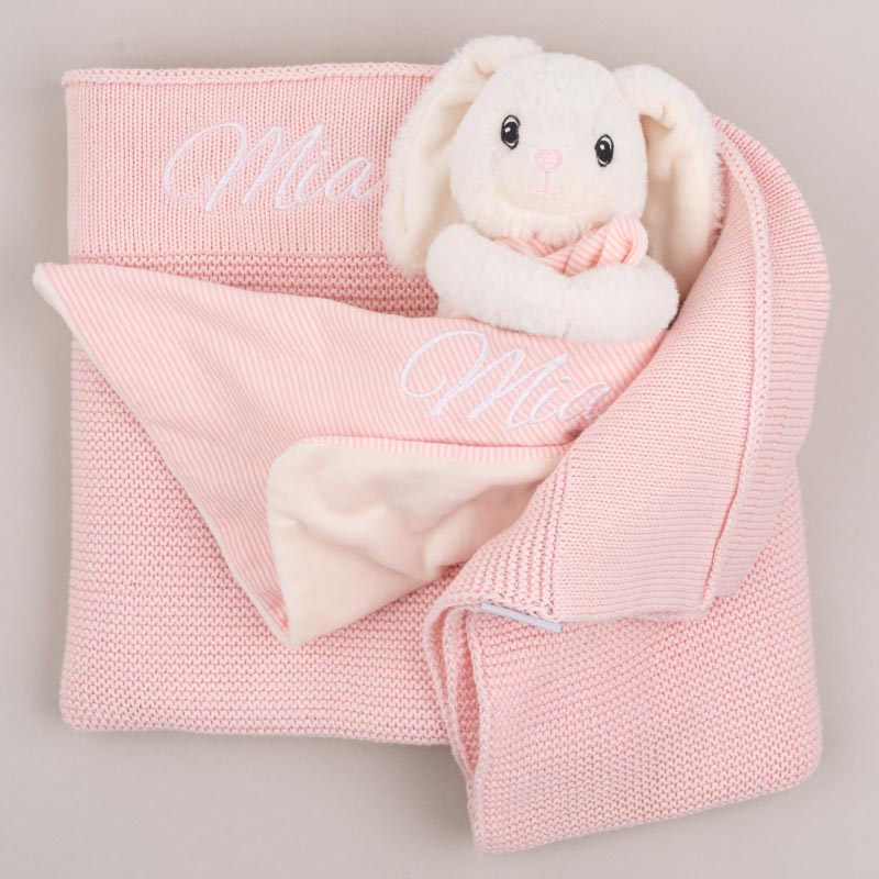 Personalised Newborn Baby Gift Pink Knitted Blanket & Bunny