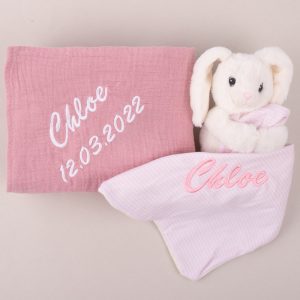 Personalised Pink Muslin Baby Wrap and Bunny Girl Gift embroidered with Chloe.