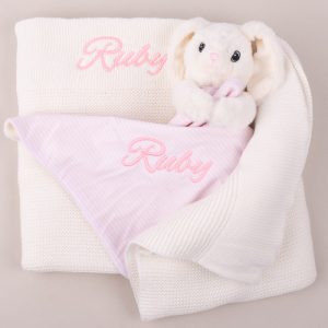 Personalised White Knitted Blanket & Bunny Comforter Baby Gift Box personalised with the name Ruby.