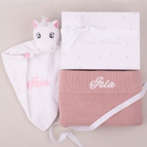 Personalised Blush Pink Blanket & Unicorn Comforter with the name Isla embroidered.