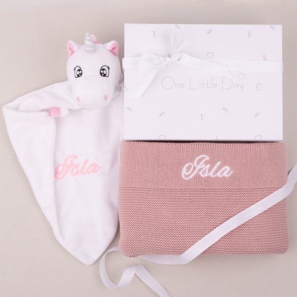 Unicorn comforter and baby knitted blanket Personalised Blush Pink Blanket & Unicorn Comforter with the name Isla embroidered.