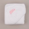 White baby's hooded towel folded and personalised with the baby name Ella in pink