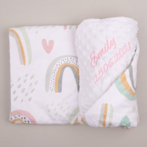 Personalised Minky Blanket Rainbow and Heart with the name Emily baby girl present.