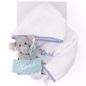 Blue Gingham Baby Robe & Elephant Comforter Gift Box.