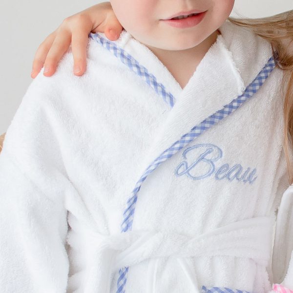 Beau with Blue Gingham Robe close up embroidered with the name Beau.