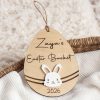 Easter Basket Egg Disc Bunny Acrylic Personalised Easter basket disc made from birch wood, engraved with a childβs name and year, featuring a white acrylic bunny.