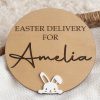 Easter Delivery Acrylic Bunny Wood Disc Round wooden Easter delivery disc engraved with a child’s name and finished with a white acrylic bunny detail.