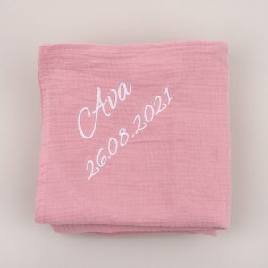 Personalised Pink Organic Muslin Wrap personalised with the name Ava