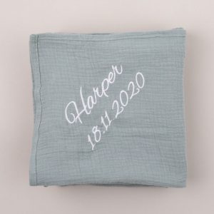 Personalised Green Sage Organic Muslin Wrap personalised with the name Harper