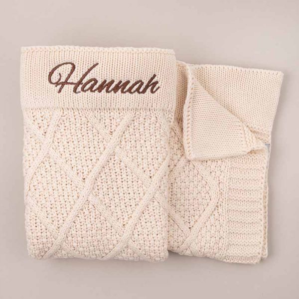 Personalised Cream Diamond Knitted Blanket Embroidered with Hannah