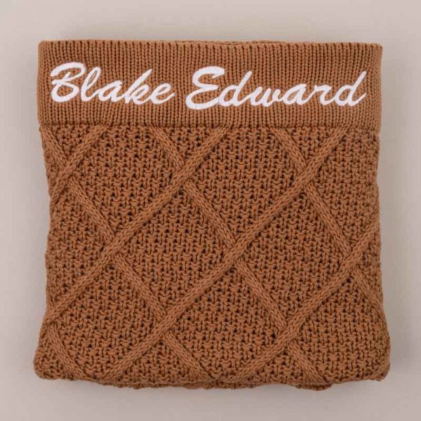 Personalised Brown Diamond Knitted Blanket Embroidered with Blake Edward