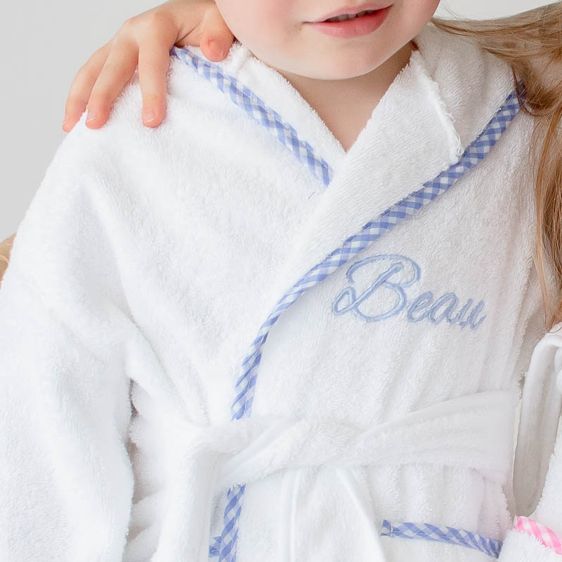 Beau with Blue Gingham Robe close up to embroidery