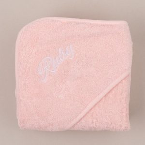 Personalised Pink Hooded Towel embroidered with Ruby
