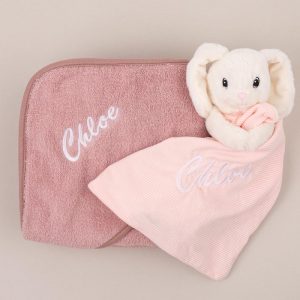 Personalised Blush Pink Hooded Towel & White Bunny Baby Gift embroidered with Chloe