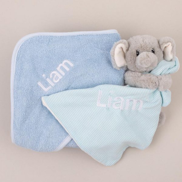 Blue Knitted Blanket, Elephant Comforter & Blue Hooded Towel Baby Gift personalised with Liam