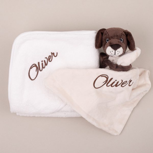 Personalised White Hooded Towel & Puppy Comforter Baby Gift embroidered with Oliver