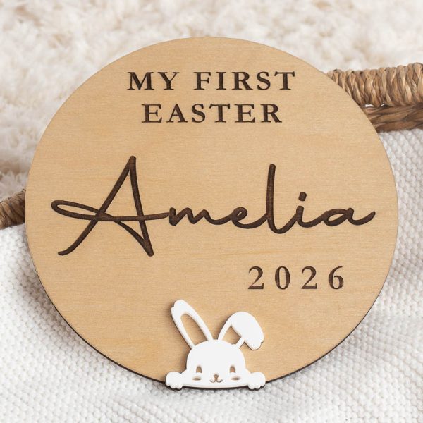My First Easter Disc 2026 Personalised wooden Easter disc engraved “My First Easter Amelia 2026” with white bunny detail.