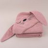Personalised Pink Bunny Hooded towel showing embroidered bunny face and folded.