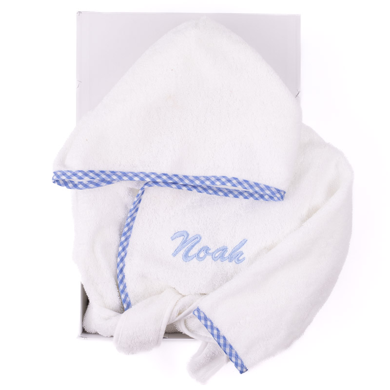 Blue Gingham Hooded Baby Robe One Little Day Australia