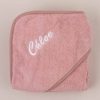 blush-pink-personalised-hooded-baby-bath-towel-white-embroidery Personalised Blush Pink Hooded Towel embroidered with Chloe.