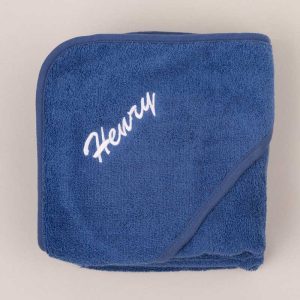 Personalised Navy Blue Hooded Towel embroidered with Henry.