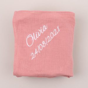 Personalised Organic Muslin Wrap Blush Pink with Olivia.