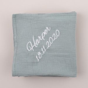 Personalised Green Sage Organic Muslin Wrap personalised with the name Harper.