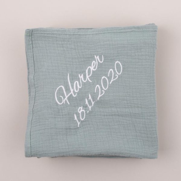 Personalised Green Sage Organic Muslin Wrap personalised with the name Harper.