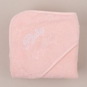 Personalised Pink Hooded Towel embroidered with Ruby.