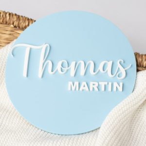 Acrylic Blue Baby Name Plaque with the name Thomas Martin added in white.