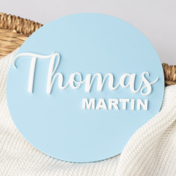Acrylic Blue Baby Name Plaque with the name Thomas Martin added in white.