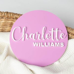Acrylic Purple Baby Name Plaque personalised with a baby name using white acrylic.