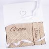 Personalised beige diamond knit baby blanket and bear ear beanie gift set presented in a One Little Day white gift box embroidered with the name Gracie