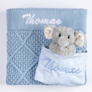 Personalised blue diamond knit baby blanket with white name embroidery and grey elephant comforter with blue striped blanket