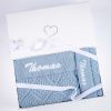 blue diamond knit blanket and ear beanie with Thomas embroidered in white presented in a One Little Day gift box