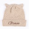 Diamond Beige Knitted Baby Beanie. Grace Beige personalised cable knit baby beanie with bear ears embroidered with the name Gracie in brown on the cuff