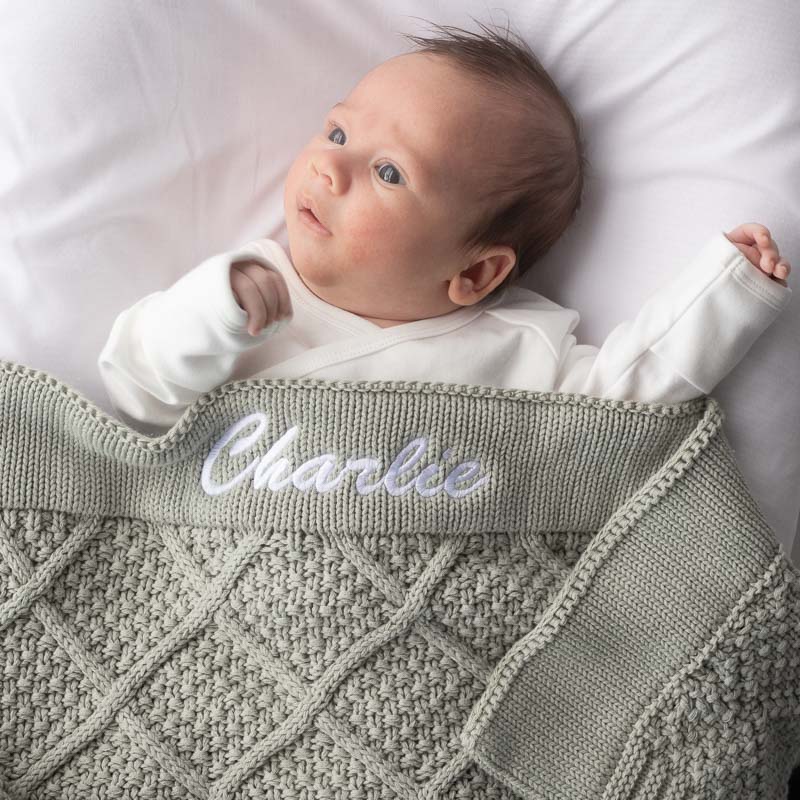 Personalised Green Sage Baby Blanket Diamond Knitted