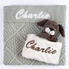 Green Sage Diamond Knitted Baby Blanket & Puppy Comforter Charlie Personalised sage green diamond knit baby blanket with white name embroidery and brown puppy comforter with cream security blanket