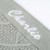Green Sage Diamond Knitted Blanket Close Up Name Close-up of personalised sage green diamond knit baby blanket with white name embroidery on border