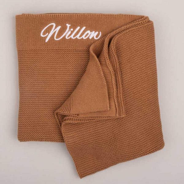 Personalised Brown Knitted Blanket embroidered with the name Willow