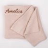 Personalised Beige Knitted Blanket embroidered with the name Amelia in brown writing